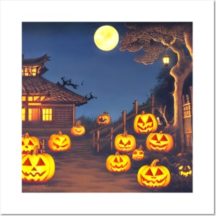 Scary Pumpkin Patch Pumpkin Faces Smiling in Town of Halloween Season Posters and Art